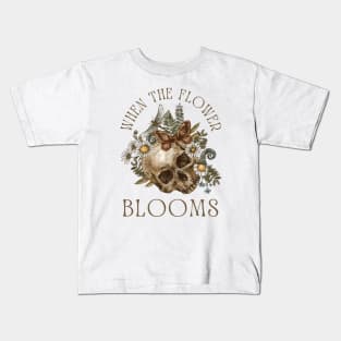 When The Flower Blooms, A Vintage Skull With Groovy Wildflowers Kids T-Shirt